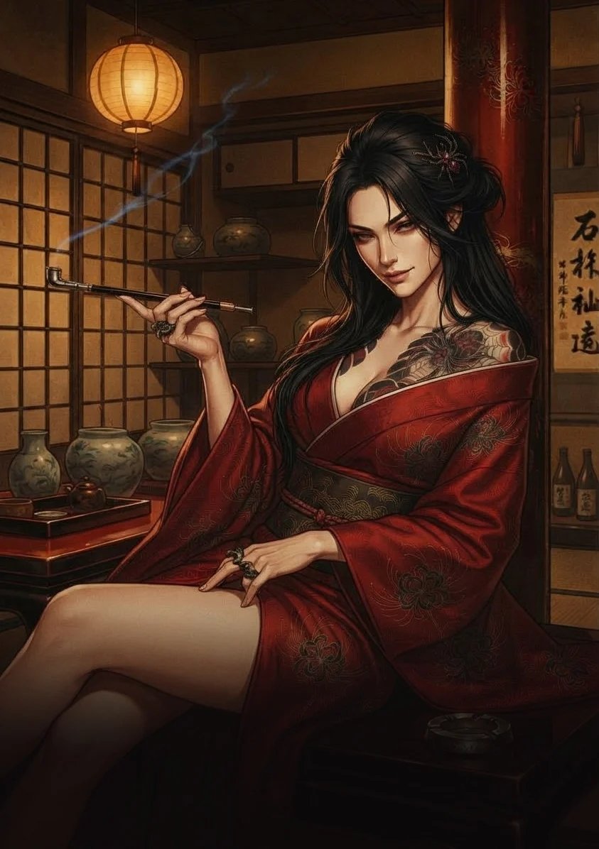 Hanami Takamori seated in a lantern-lit room, smoking a kiseru pipe