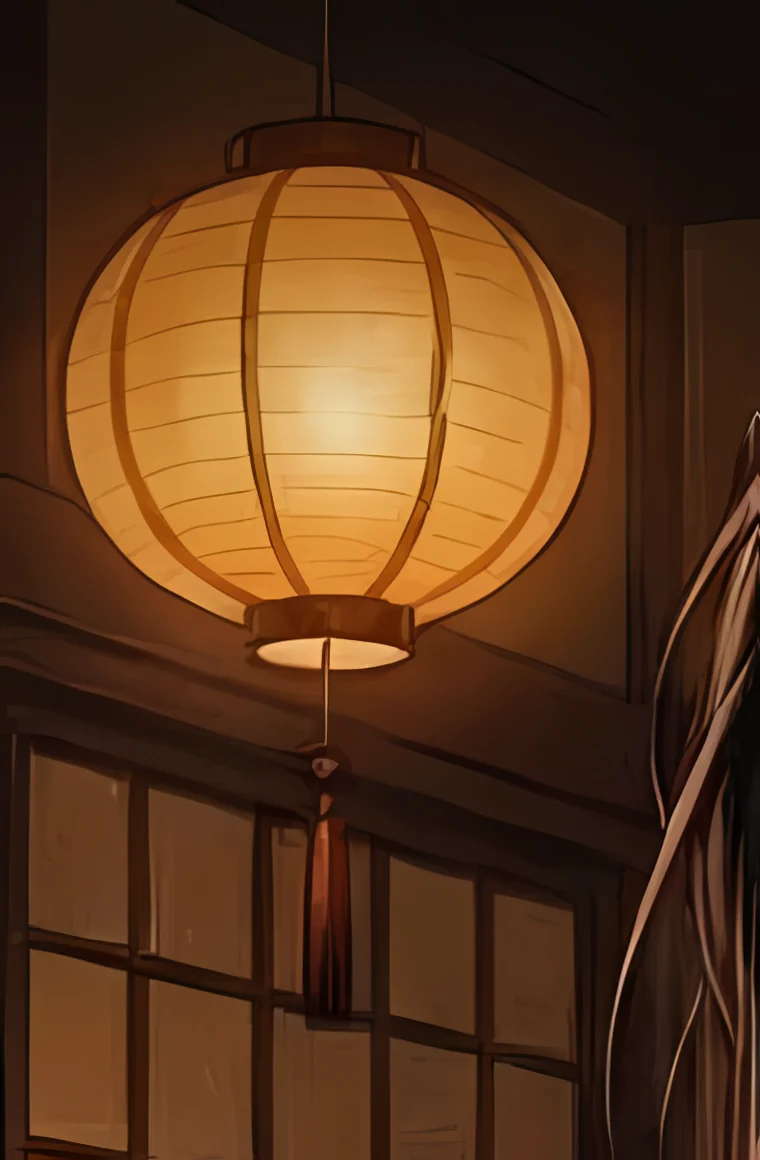 A paper lantern glowing beside shoji screens, from the cover art